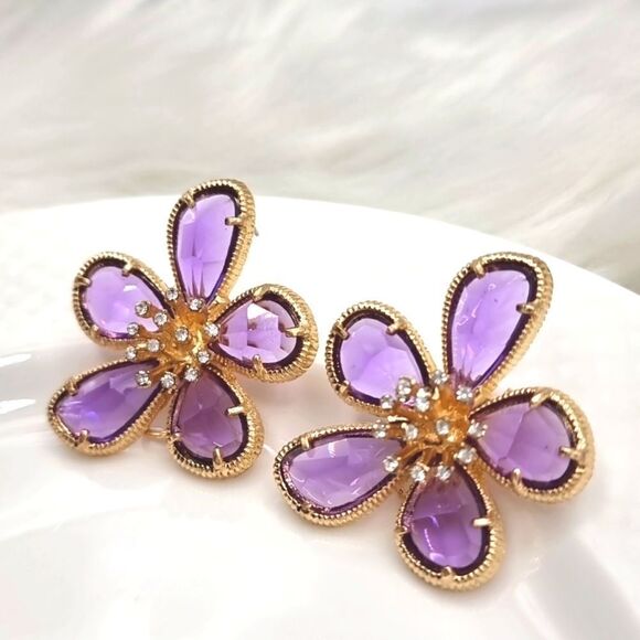 New 18k ANTHROPOLOGIE FLORAL TAPESTRY crystal glass flower earrings - Picture 7 of 11